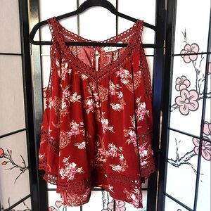 Penelope Project Off Shoulder Red Floral Ruffle Blouse Size Medium
